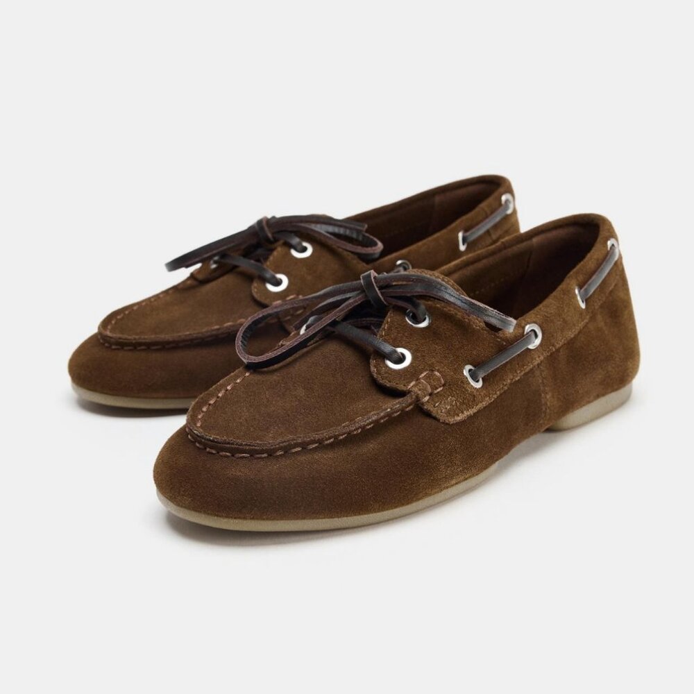 NWT Zara Suede Topstitched Loafers Brown Women's Size 10 Deck Shoes - Picture 3 of 5